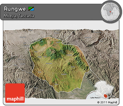 Satellite 3D Map of Rungwe, semi-desaturated