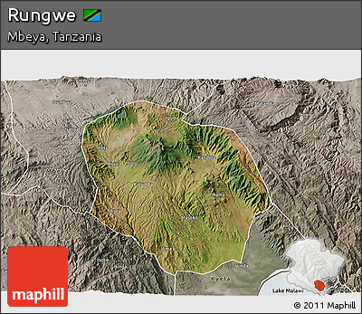Satellite 3D Map of Rungwe, semi-desaturated