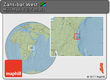 Savanna Style Location Map of Zansibar West, highlighted parent region, hill shading