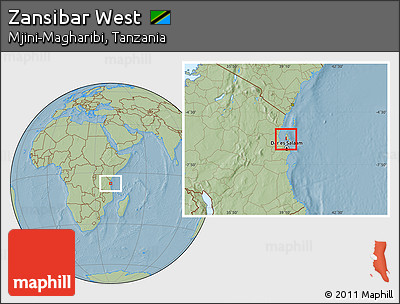 Savanna Style Location Map of Zansibar West, highlighted parent region, hill shading