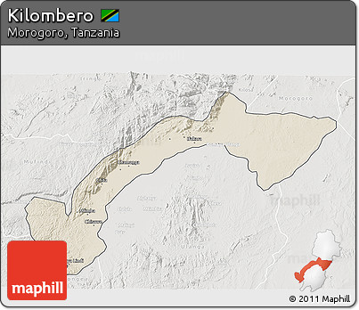 Shaded Relief 3D Map of Kilombero, lighten, semi-desaturated