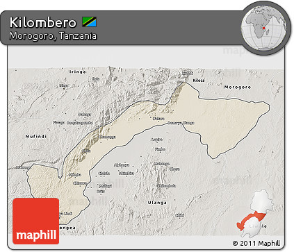 Shaded Relief 3D Map of Kilombero, semi-desaturated