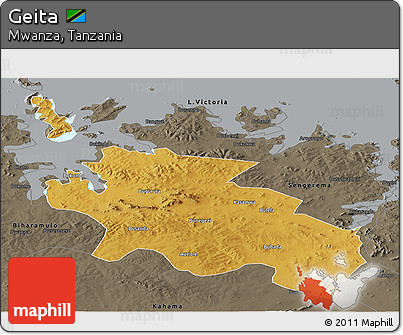 Physical Panoramic Map of Geita, darken, semi-desaturated