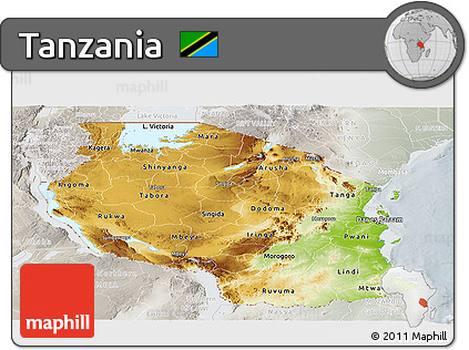 Physical Panoramic Map of Tanzania, lighten, semi-desaturated