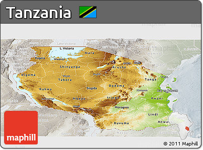 Physical Panoramic Map of Tanzania, lighten, semi-desaturated