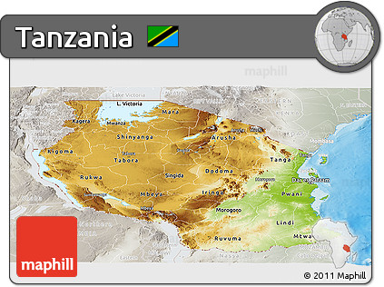 Physical Panoramic Map of Tanzania, lighten, semi-desaturated, land only