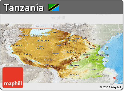 Physical Panoramic Map of Tanzania, lighten, semi-desaturated, land only