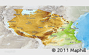 Physical Panoramic Map of Tanzania, lighten, semi-desaturated, land only