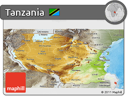 Physical Panoramic Map of Tanzania, semi-desaturated, land only