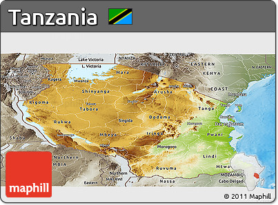Physical Panoramic Map of Tanzania, semi-desaturated, land only
