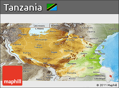 Physical Panoramic Map of Tanzania, semi-desaturated, land only