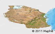 Satellite Panoramic Map of Tanzania, single color outside, bathymetry sea, shaded relief sea