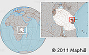 Gray Location Map of Bagamoyo, highlighted country, highlighted parent region, within the entire country, hill shading