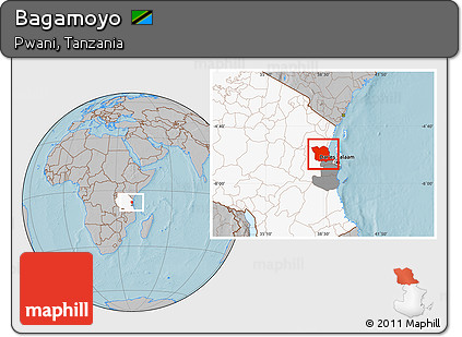 Gray Location Map of Bagamoyo, highlighted country, highlighted parent region, hill shading