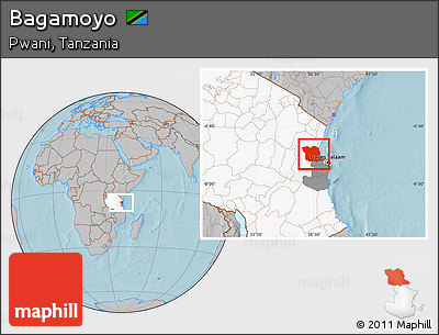 Gray Location Map of Bagamoyo, highlighted country, highlighted parent region, hill shading