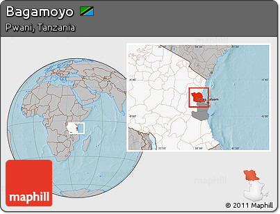 Gray Location Map of Bagamoyo, highlighted country, highlighted parent region, hill shading