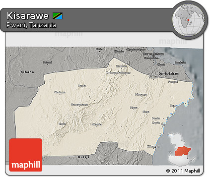 Shaded Relief 3D Map of Kisarawe, darken, semi-desaturated