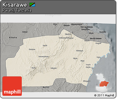 Shaded Relief 3D Map of Kisarawe, darken, semi-desaturated