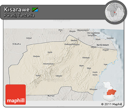 Shaded Relief 3D Map of Kisarawe, semi-desaturated