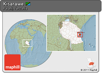 Savanna Style Location Map of Kisarawe, highlighted country, highlighted parent region, within the entire country, hill shading