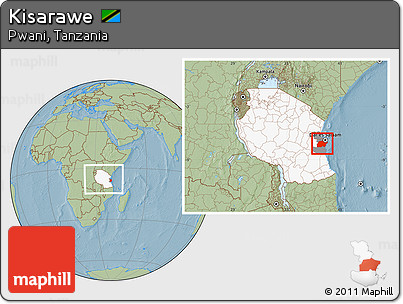 Savanna Style Location Map of Kisarawe, highlighted country, highlighted parent region, within the entire country, hill shading