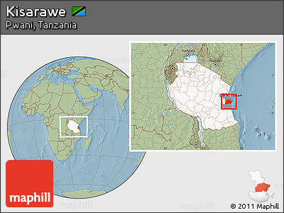 Savanna Style Location Map of Kisarawe, highlighted country, highlighted parent region, within the entire country, hill shading