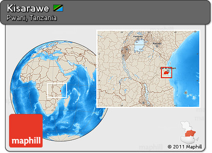 Shaded Relief Location Map of Kisarawe, within the entire country