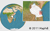 Satellite Location Map of Rufiji, highlighted country, highlighted parent region, within the entire country