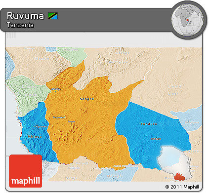 Political 3D Map of Ruvuma, lighten