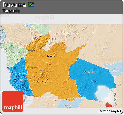 Political 3D Map of Ruvuma, lighten