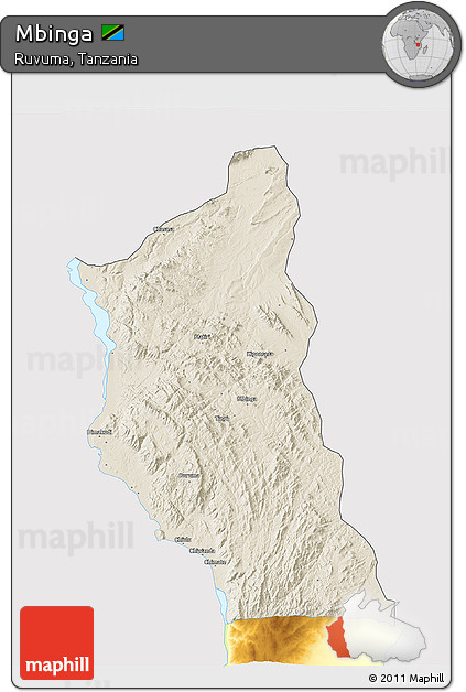 Shaded Relief 3D Map of Mbinga, single color outside