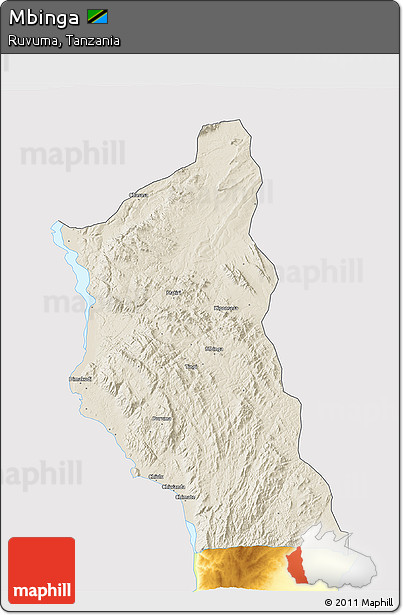 Shaded Relief 3D Map of Mbinga, single color outside