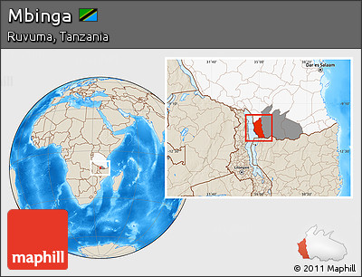 Shaded Relief Location Map of Mbinga, highlighted country, highlighted parent region