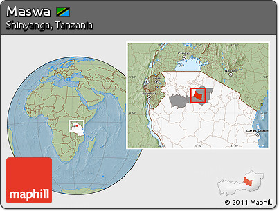 Savanna Style Location Map of Maswa, highlighted country, highlighted parent region, hill shading