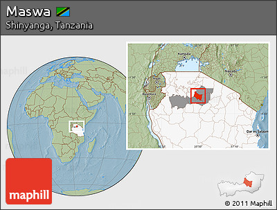 Savanna Style Location Map of Maswa, highlighted country, highlighted parent region, hill shading