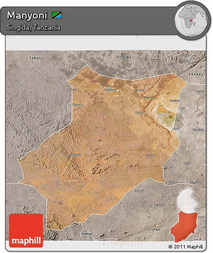 Satellite 3D Map of Manyoni, semi-desaturated