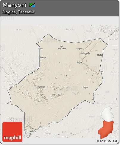 Shaded Relief 3D Map of Manyoni, lighten