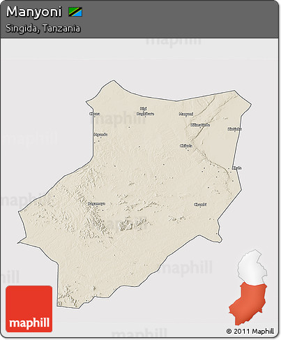 Shaded Relief 3D Map of Manyoni, single color outside