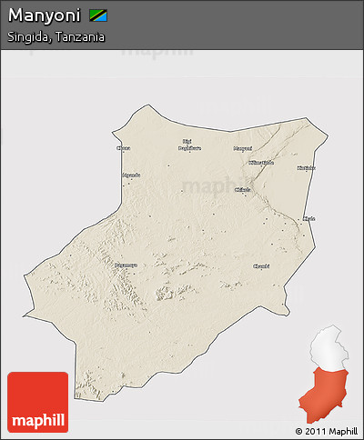 Shaded Relief 3D Map of Manyoni, single color outside