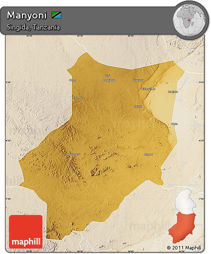 Physical Map of Manyoni, lighten
