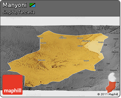 Physical Panoramic Map of Manyoni, darken, desaturated