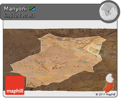 Satellite Panoramic Map of Manyoni, darken