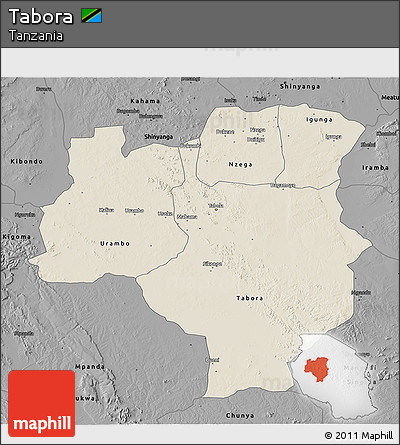 Shaded Relief 3D Map of Tabora, darken, desaturated