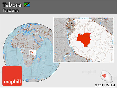 Gray Location Map of Tabora, highlighted country, hill shading