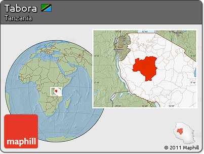 Savanna Style Location Map of Tabora, highlighted country, hill shading