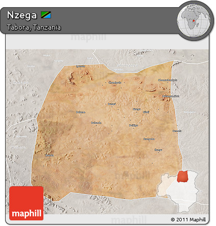 Satellite 3D Map of Nzega, lighten, semi-desaturated