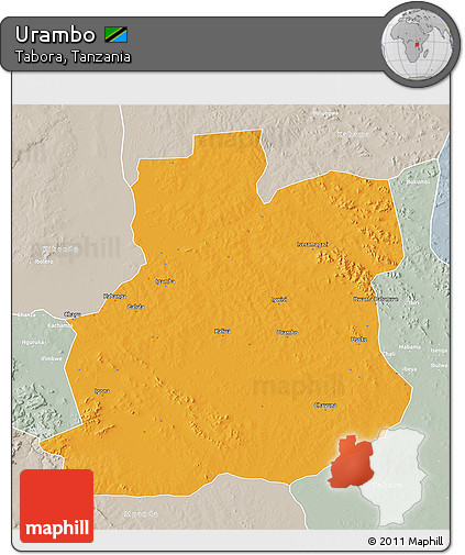Political 3D Map of Urambo, lighten, semi-desaturated