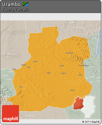 Political 3D Map of Urambo, lighten, semi-desaturated