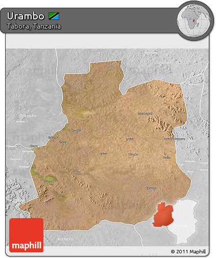 Satellite 3D Map of Urambo, lighten, desaturated