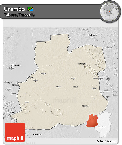 Shaded Relief 3D Map of Urambo, desaturated